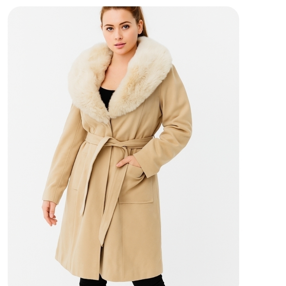 Youthcraft Women's Vintage Oatmeal Wool Princess Coat with Rabbit Fur Collar M